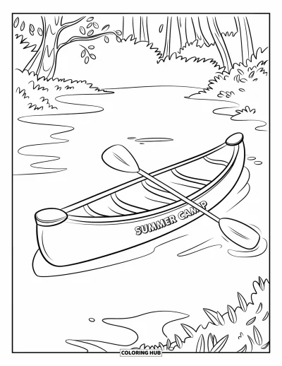 Coloriage de colonie de vacances pour enfants : Un canoë flottant paisiblement sur l'eau près d'arbres verdoyants
