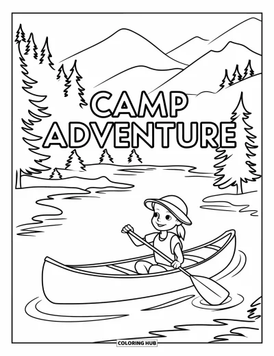Coloriage de colonie de vacances pour enfants : Un campeur enjoué faisant du canoë sur un lac de montagne paisible