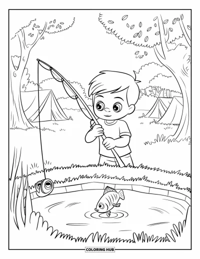Coloriage de colonie de vacances pour enfants : Un enfant joyeux qui pêche près des tentes du camp et des arbres