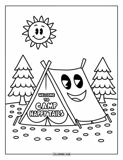 Coloriage de colonie de vacances pour enfants : Une tente joyeuse avec un soleil souriant et un panneau "Camp Happy Tails"