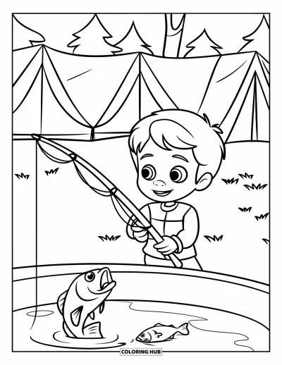 Coloriage de colonie de vacances pour enfants : Un enfant qui pêche au bord d'un étang avec un poisson bondissant de l'eau