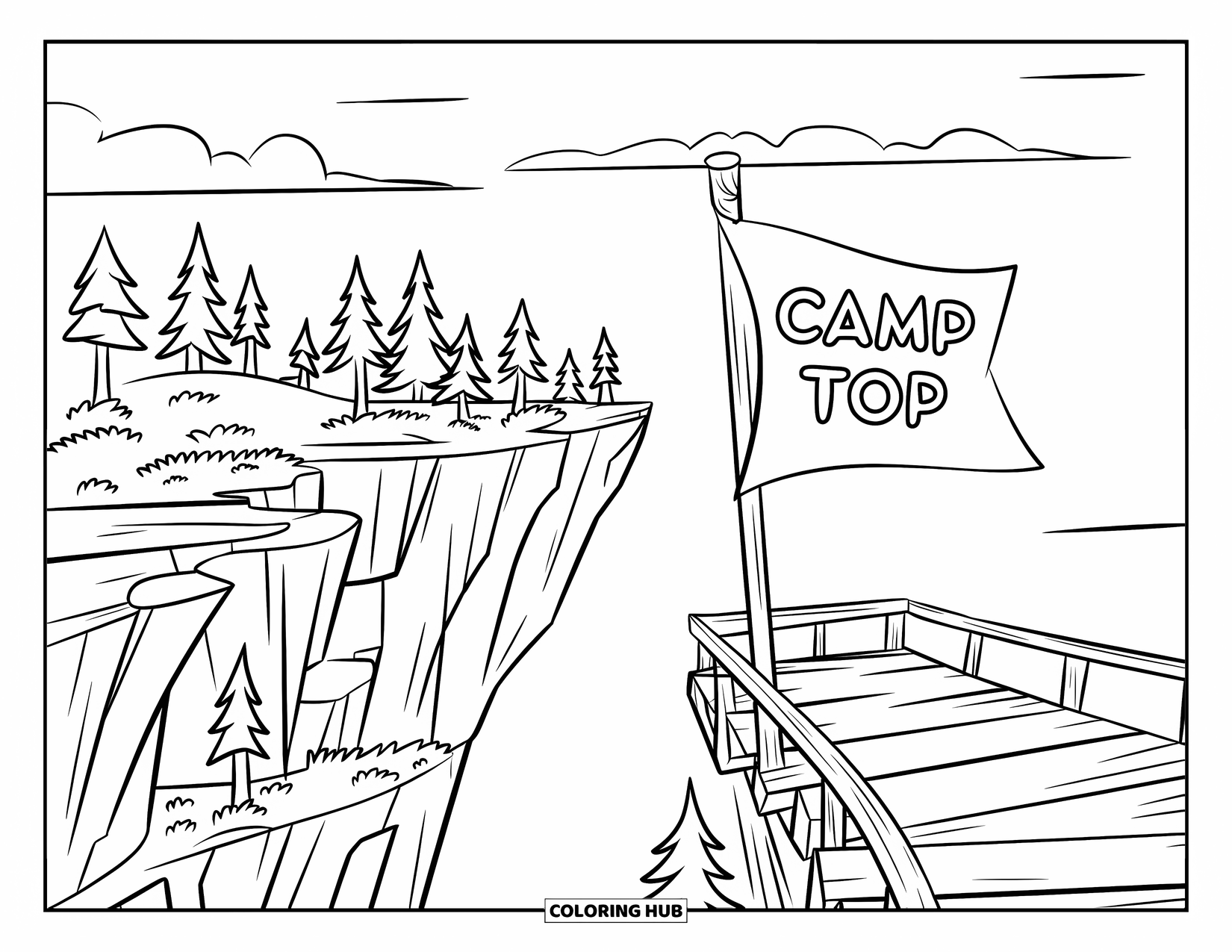 Summer Camp Coloring Page for Kids: A cliff lookout with a "Camp Top" flag waving above rocky peaks