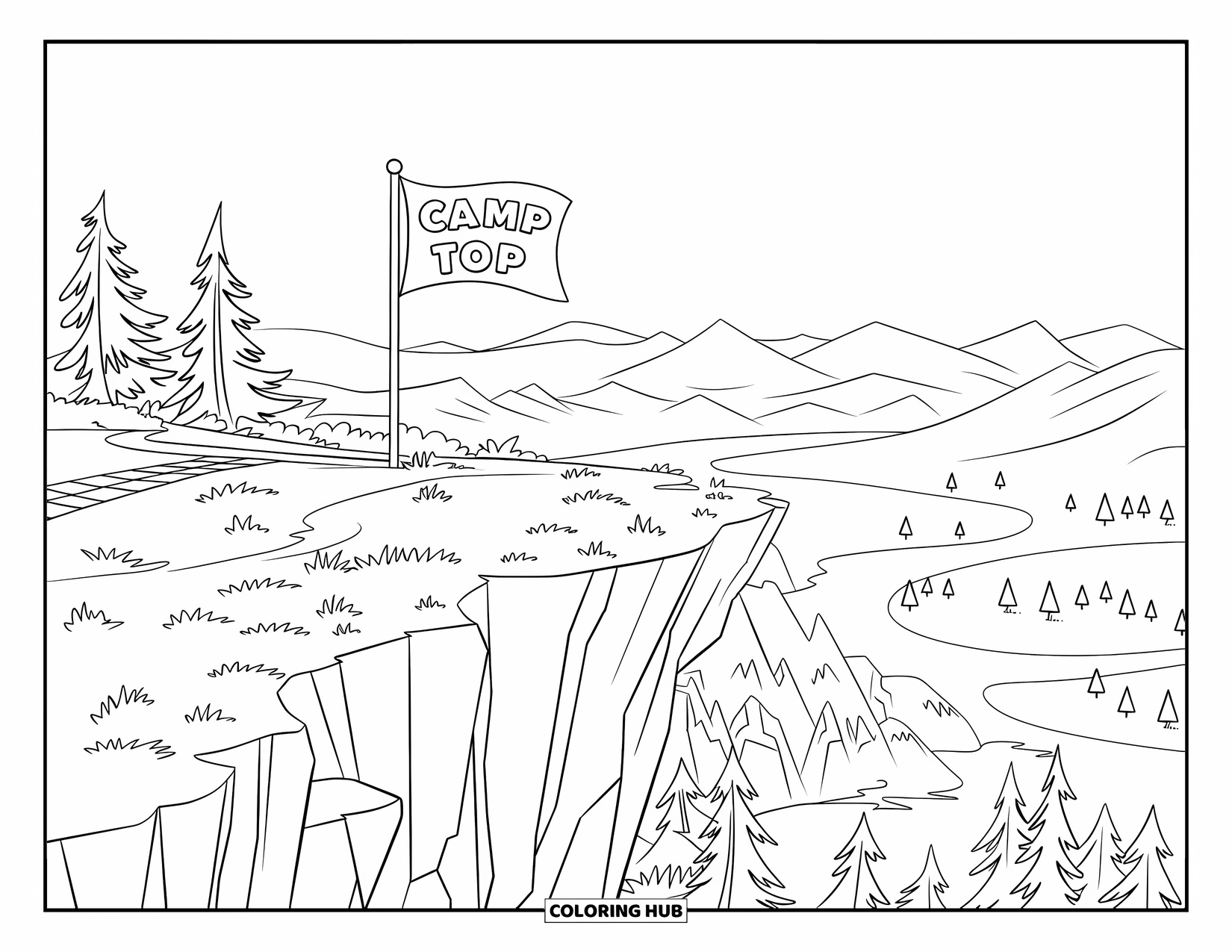 Summer Camp Coloring Page for Kids: A cliff lookout with a flag overlooking trees, river, and mountains