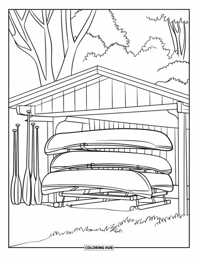 Coloriage de colonie de vacances pour enfants : Un hangar à bateaux douillet avec des canoës empilés et des pagaies appuyées contre le mur