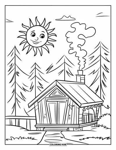 Coloriage de colonie de vacances pour enfants : Un chalet de camp douillet avec de la fumée qui s'élève et un soleil souriant