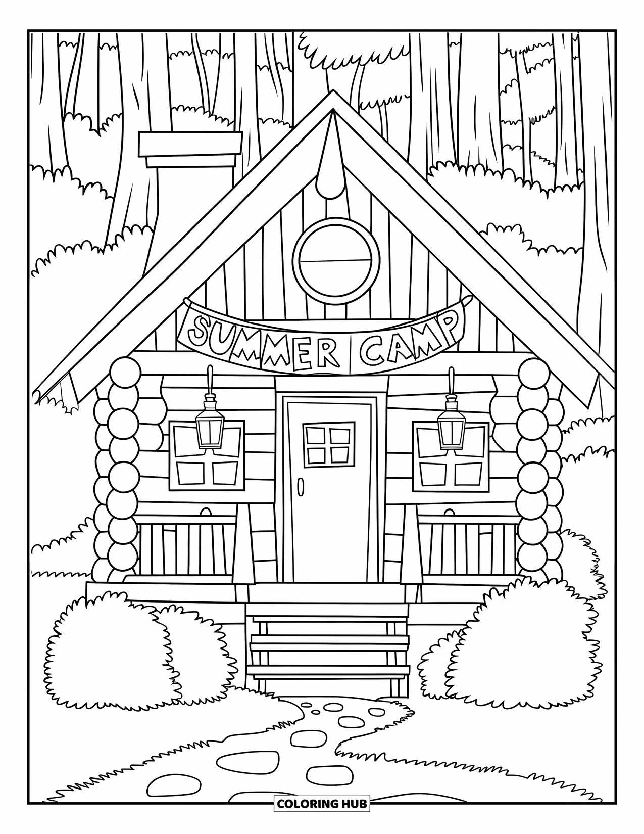 Summer Camp Coloring Page for Kids: A cozy log cabin with lanterns and a "Summer Camp" banner