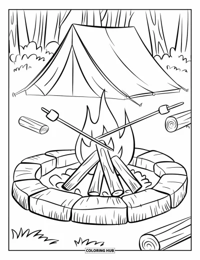 Coloriage de colonie de vacances pour enfants : Un feu de camp avec des bûches, des guimauves et une tente en arrière-plan