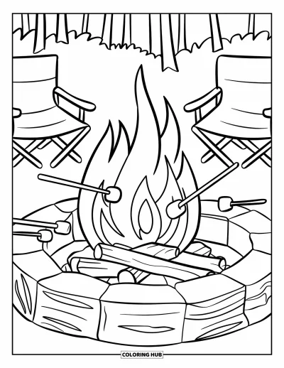Coloriage de colonie de vacances pour enfants : Un feu de camp avec des guimauves, des chaises et des arbres dans la forêt