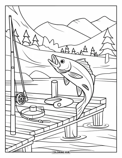 Coloriage de colonie de vacances pour enfants : Un poisson bondissant près du ponton avec des arbres et des montagnes