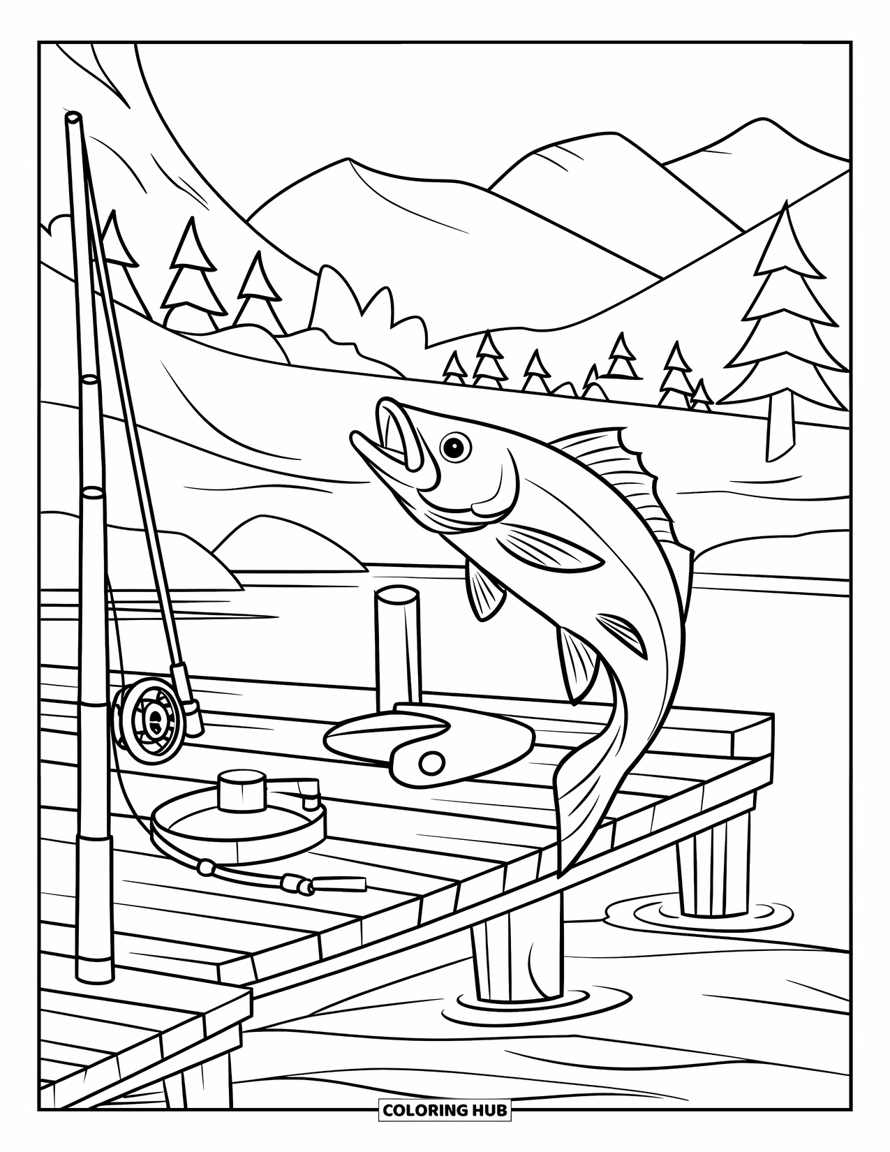 Summer Camp Coloring Page for Kids: A fish jumping by the dock near trees and mountains