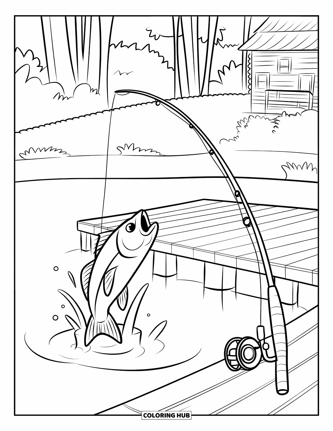 Summer Camp Coloring Page for Kids: A fishing dock with a leaping fish and nearby camp cabin