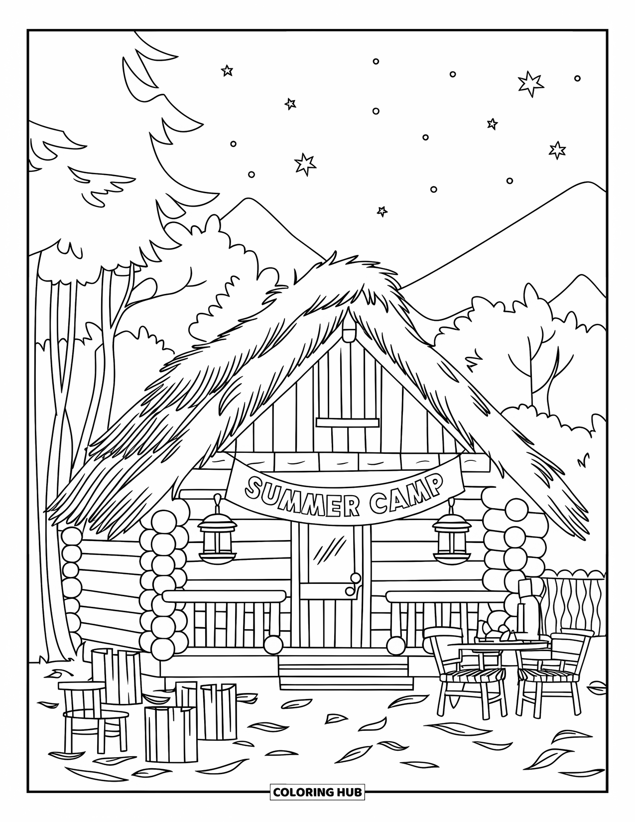 Summer Camp Coloring Page for Kids: A forest cabin with lanterns, chairs, and a mountain view