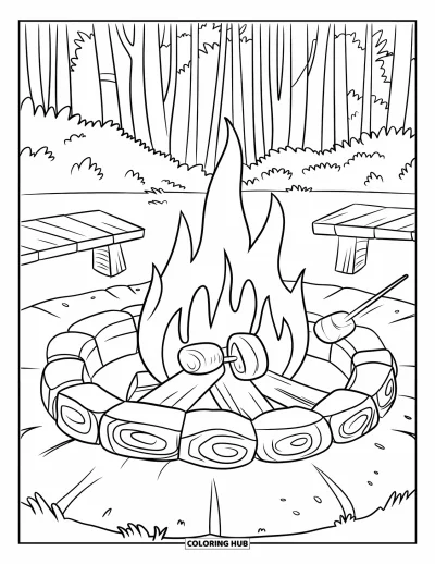 Coloriage de colonie de vacances pour enfants : Un feu de camp en forêt avec des guimauves grillant sur des flammes vives