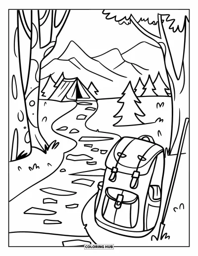 Coloriage de colonie de vacances pour enfants : Un sentier forestier menant au camp avec un sac à dos et un bâton