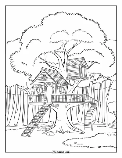 Coloriage de colonie de vacances pour enfants : Une cabane dans les arbres avec des ponts reliant des plateformes en bois