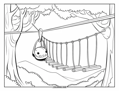 Coloriage de colonie de vacances pour enfants : Un parcours de tyrolienne en forêt avec des casques et des câbles entre les arbres