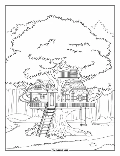 Coloriage de colonie de vacances pour enfants : Une joyeuse cabane dans les arbres à plusieurs niveaux avec toboggans, échelles et balançoires