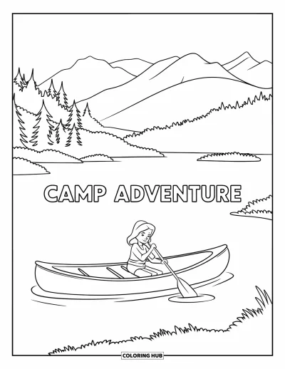Coloriage de colonie de vacances pour enfants : Une fille faisant du canoë sur le Camp Adventure Lake entourée d'arbres