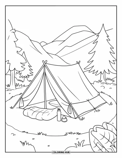 Coloriage de colonie de vacances pour enfants : Un campement herbeux avec une tente, un sac de couchage et des montagnes en fond