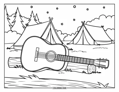 Coloriage de colonie de vacances pour enfants : Une guitare posée contre une bûche sous les étoiles au camp