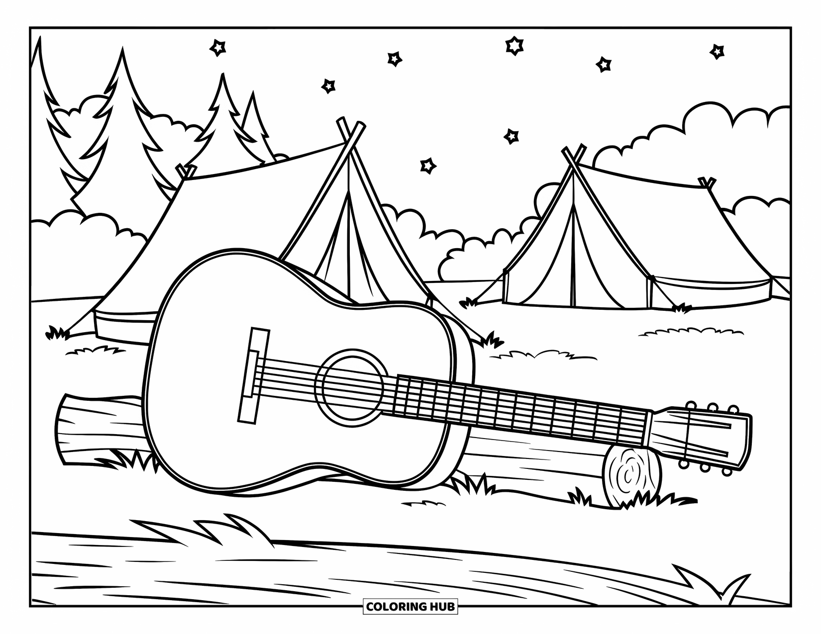 Summer Camp Coloring Page for Kids: A guitar resting by a log under the stars at camp