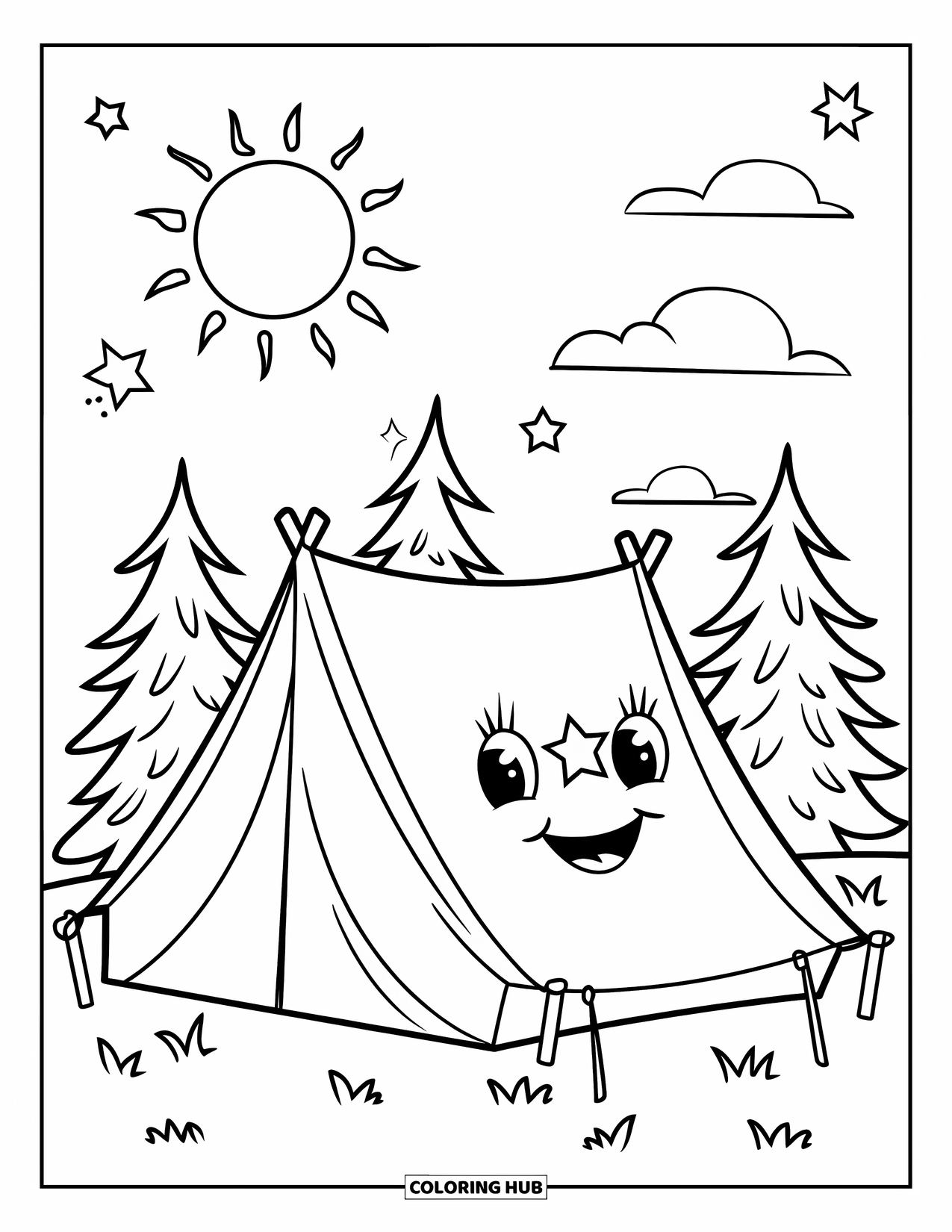 Summer Camp Coloring Page for Kids: A happy tent between trees with a sunny sky and stars