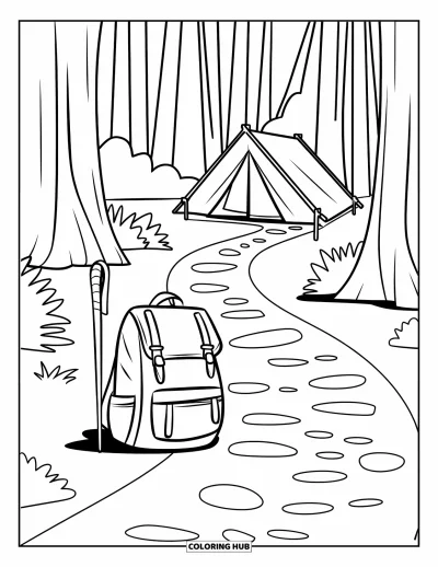 Coloriage de colonie de vacances pour enfants : Un sentier de randonnée menant au camp avec des arbres, des montagnes et un sac à dos