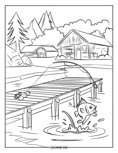 Coloriage de colonie de vacances pour enfants : Un ponton au bord du lac avec du matériel de pêche et un poisson éclaboussant
