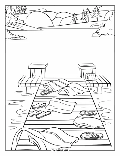 Coloriage de colonie de vacances pour enfants : Un ponton lacustre avec des serviettes, des bouées et des tongs près d'une eau calme