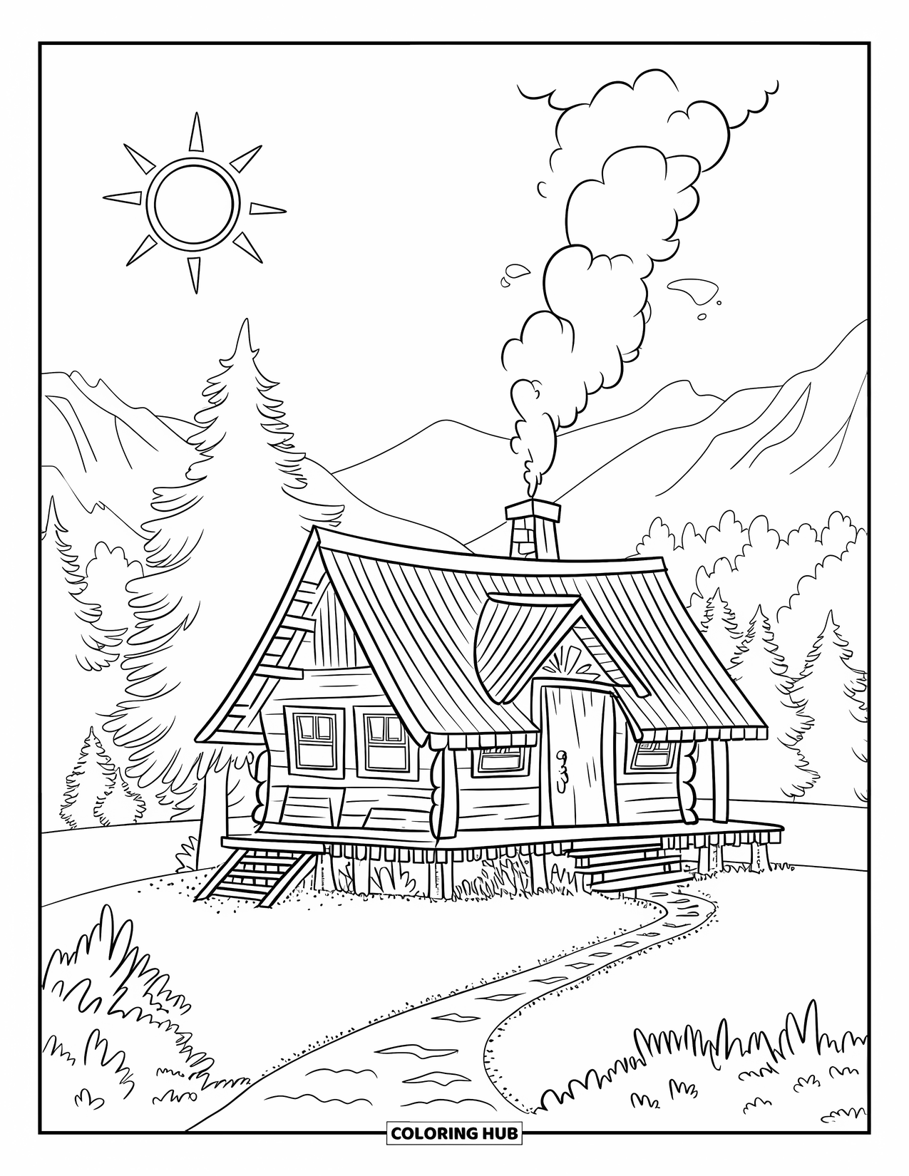 Summer Camp Coloring Page for Kids: A mountain cabin with smoke, a ladder, and a bright sun
