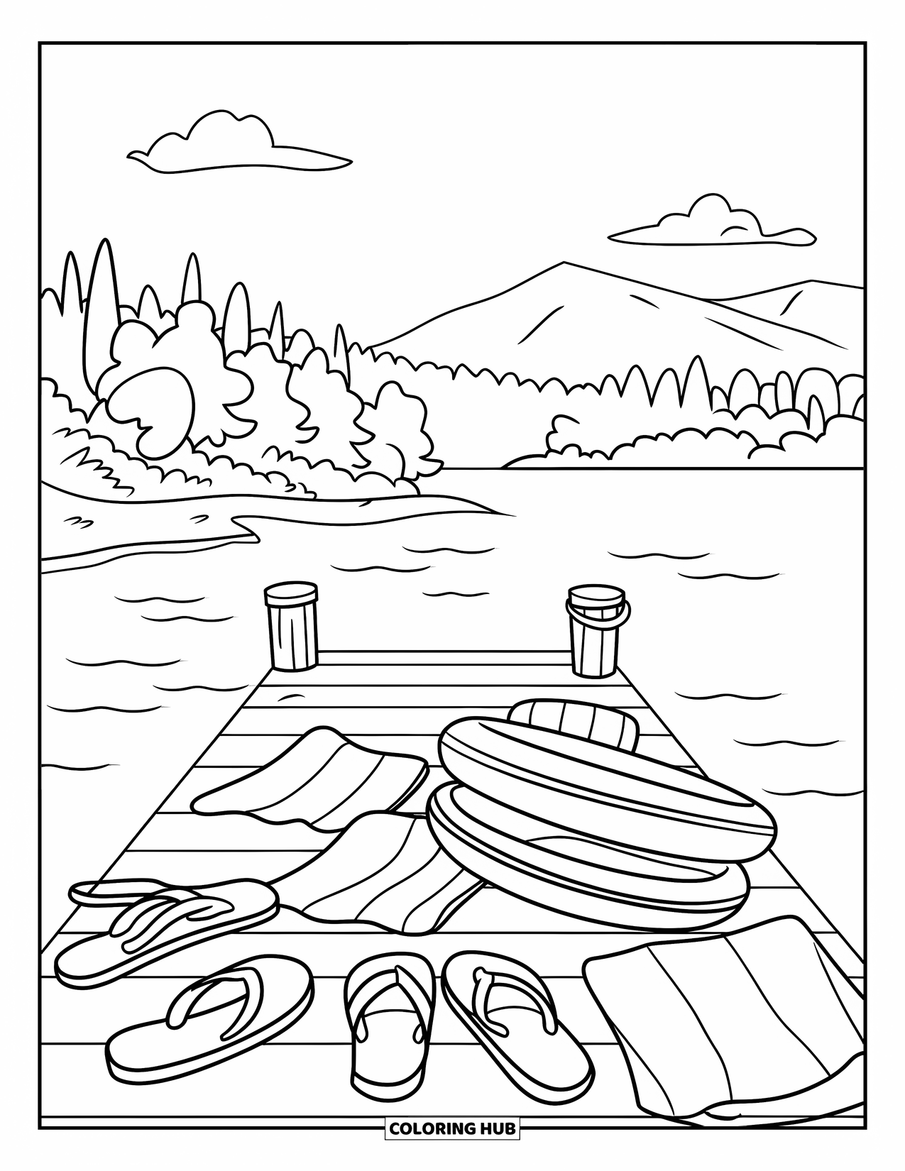 Summer Camp Coloring Page for Kids: A mountain-view dock with flip-flops and towels by the water