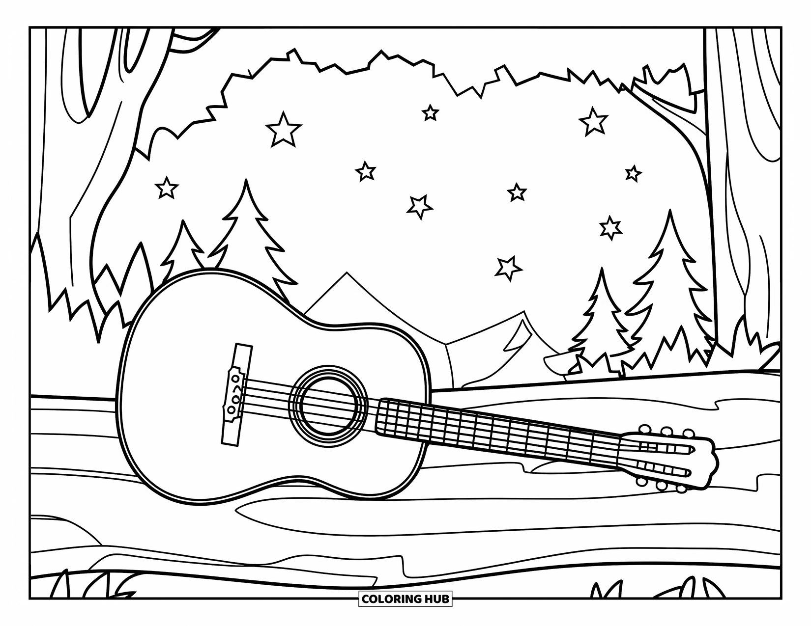 Summer Camp Coloring Page for Kids: A quiet campsite with a guitar and stars overhead