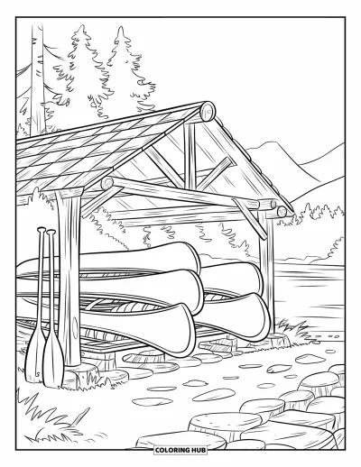 Coloriage de colonie de vacances pour enfants : Un hangar à bateaux rustique avec des canoës et des pagaies au bord d'un lac forestier