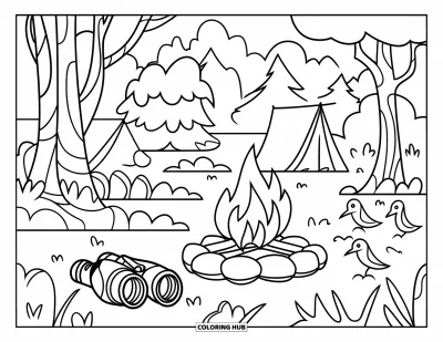 Coloriage de colonie de vacances pour enfants : Une scène de camp simple avec des arbres, des oiseaux et des jumelles