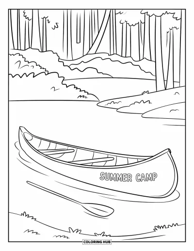 Coloriage de colonie de vacances pour enfants : Un canoë et une pagaie sur un lac paisible près des arbres