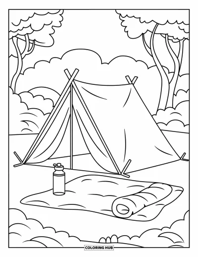 Coloriage de colonie de vacances pour enfants : Un petit campement avec un sac de couchage et une gourde près des arbres