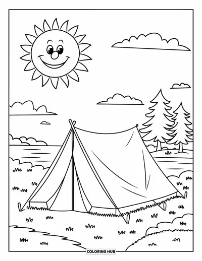 Coloriage de colonie de vacances pour enfants : Une tente souriante au bord d'un lac avec des arbres et des nuages au-dessus