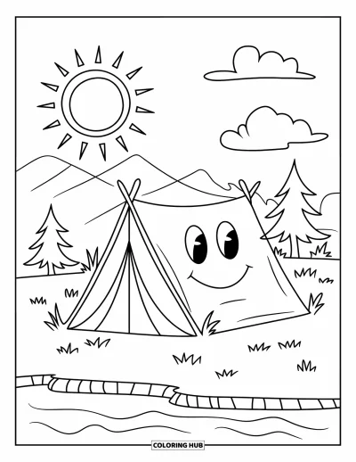 Coloriage de colonie de vacances pour enfants : Une tente souriante sous le soleil entre deux sapins joyeux