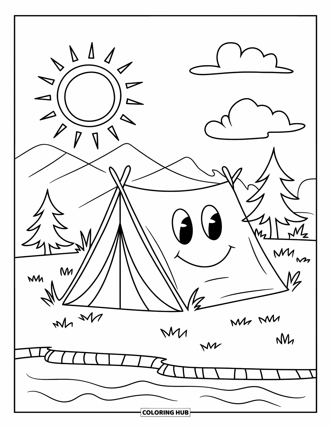 Summer Camp Coloring Page for Kids: A smiling tent under the sun between two happy pine trees