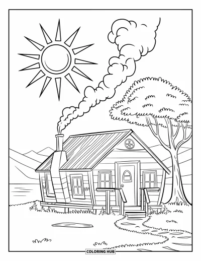 Coloriage de colonie de vacances pour enfants : Un chalet de camp ensoleillé avec des arbres, des montagnes et une eau paisible