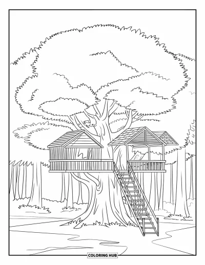 Coloriage de colonie de vacances pour enfants : Une grande cabane dans les arbres avec des échelles et des plateformes dans une clairière forestière
