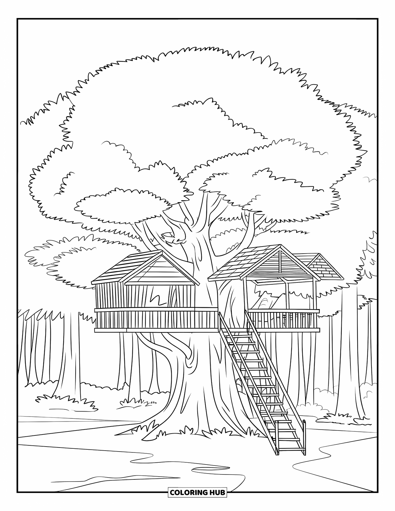 Summer Camp Coloring Page for Kids: A tall treehouse with ladders and platforms in a forest clearing