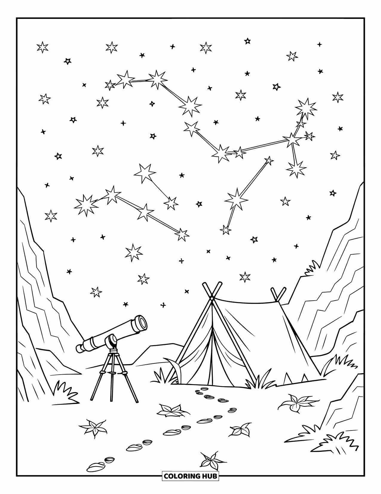 Summer Camp Coloring Page for Kids: A tent and telescope surrounded by trees beneath the night sky