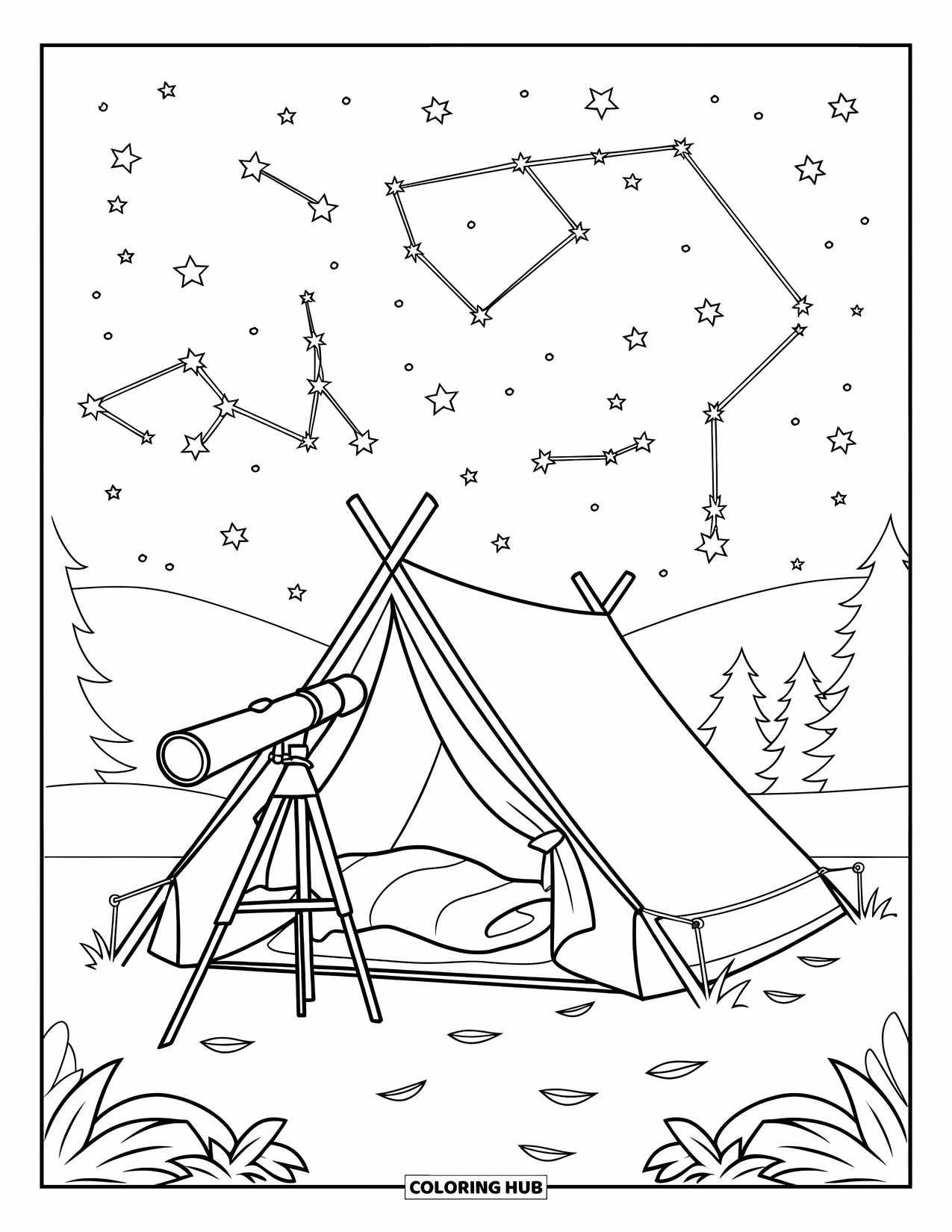 Summer Camp Coloring Page for Kids: A tent and telescope under constellations in a calm forest