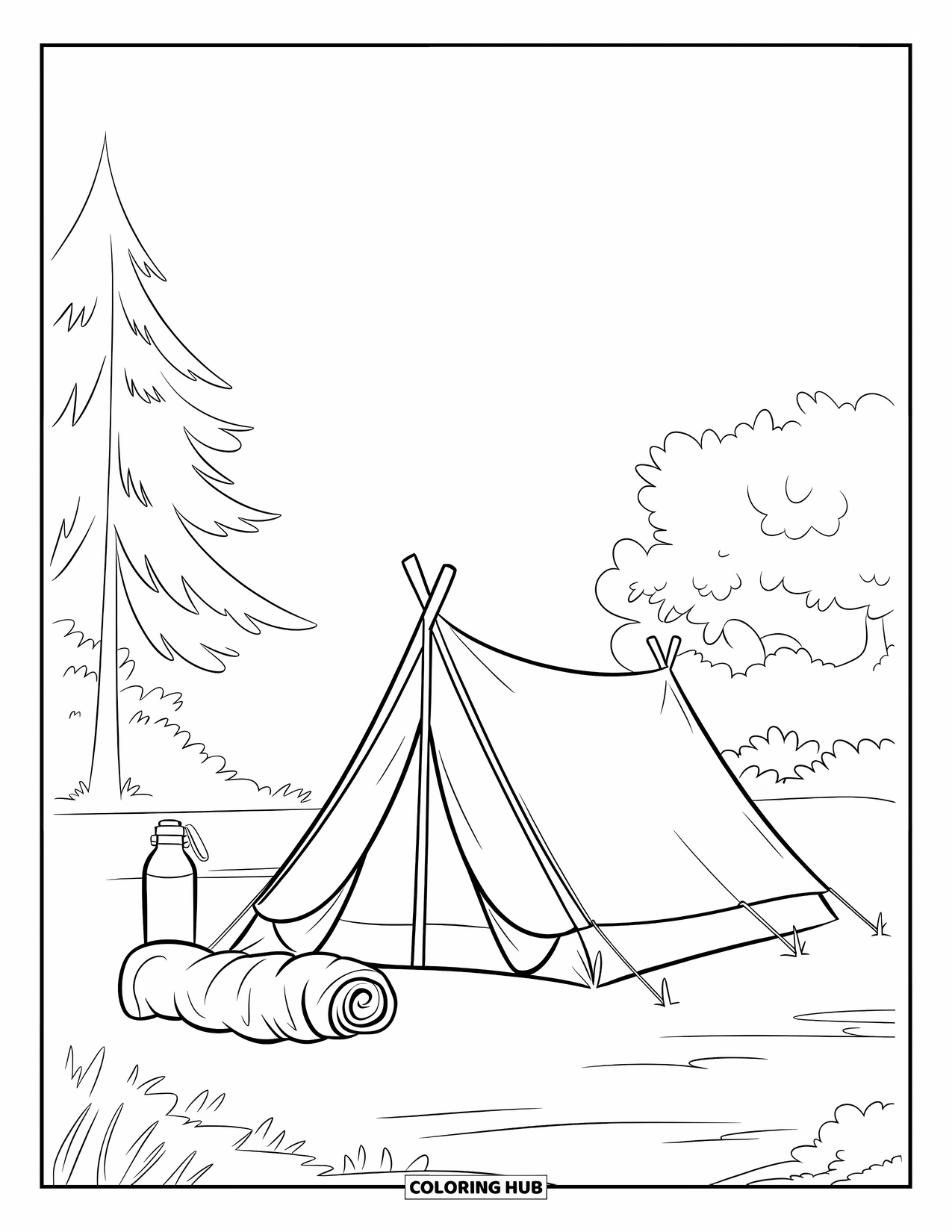 Summer Camp Coloring Page for Kids: A tent setup with rolled sleeping bag and bottle in nature