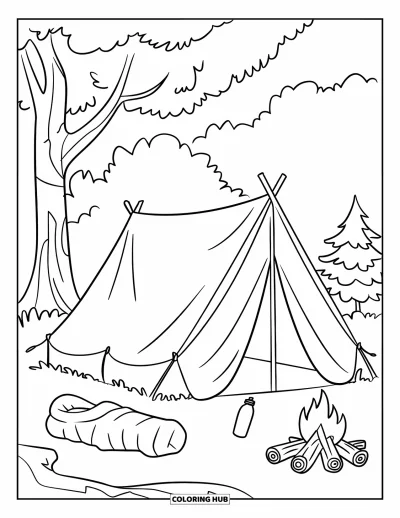Coloriage de colonie de vacances pour enfants : Une tente avec un sac de couchage et une gourde dans un campement tranquille