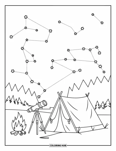 Coloriage de colonie de vacances pour enfants : Une tente avec un télescope sous un ciel parsemé d'étoiles scintillantes