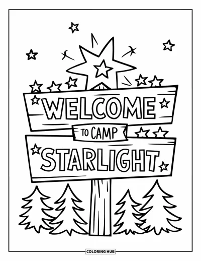 Coloriage de colonie de vacances pour enfants : Un panneau "Welcome to Camp Starlight" sous un ciel étoilé