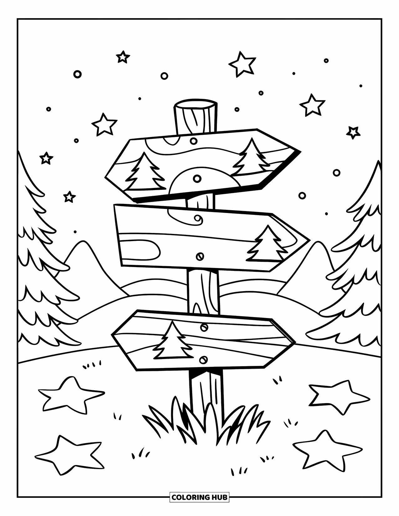Summer Camp Coloring Page for Kids: A wooden camp sign with carved trees and glowing stars