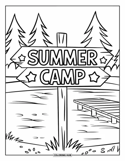 Coloriage de colonie de vacances pour enfants : Un poteau en bois portant l'inscription "Summer Camp" au bord du lac